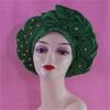 Green Nigerian Gele Headties with Beads Fashion African Headtie Sewing Fabric Turban Cap with Big Flower On Top Turban 1Set by MSB Fabric co.323 view 2