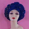 Green Nigerian Gele Headties with Beads Fashion African Headtie Sewing Fabric Turban Cap with Big Flower On Top Turban 1Set by MSB Fabric co.323 view 3