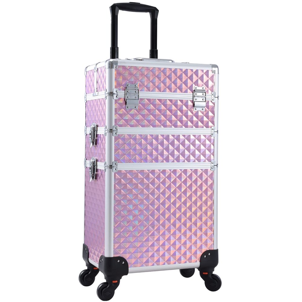 Adazzo 3 in 1 Professional Rolling Makeup Train Case Aluminum Trolley Case with 360 Rotation Wheels for Makuep Artist Cosmetic Suitcase Organizer with Lock and Key Diamond Pattern - Pink