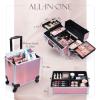 Adazzo 3 in 1 Professional Rolling Makeup Train Case Aluminum Trolley Case with 360 Rotation Wheels for Makuep Artist Cosmetic Suitcase Organizer with Lock and Key Diamond Pattern - Pink view 2