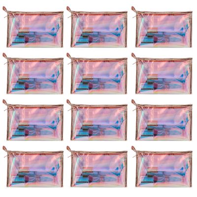 ANROLA 12 PCS Holographic Makeup Bags Clear PVC Makeup Bag Iridescent Cosmetic Pouch Portable Zippered Toiletry Bag Waterproof