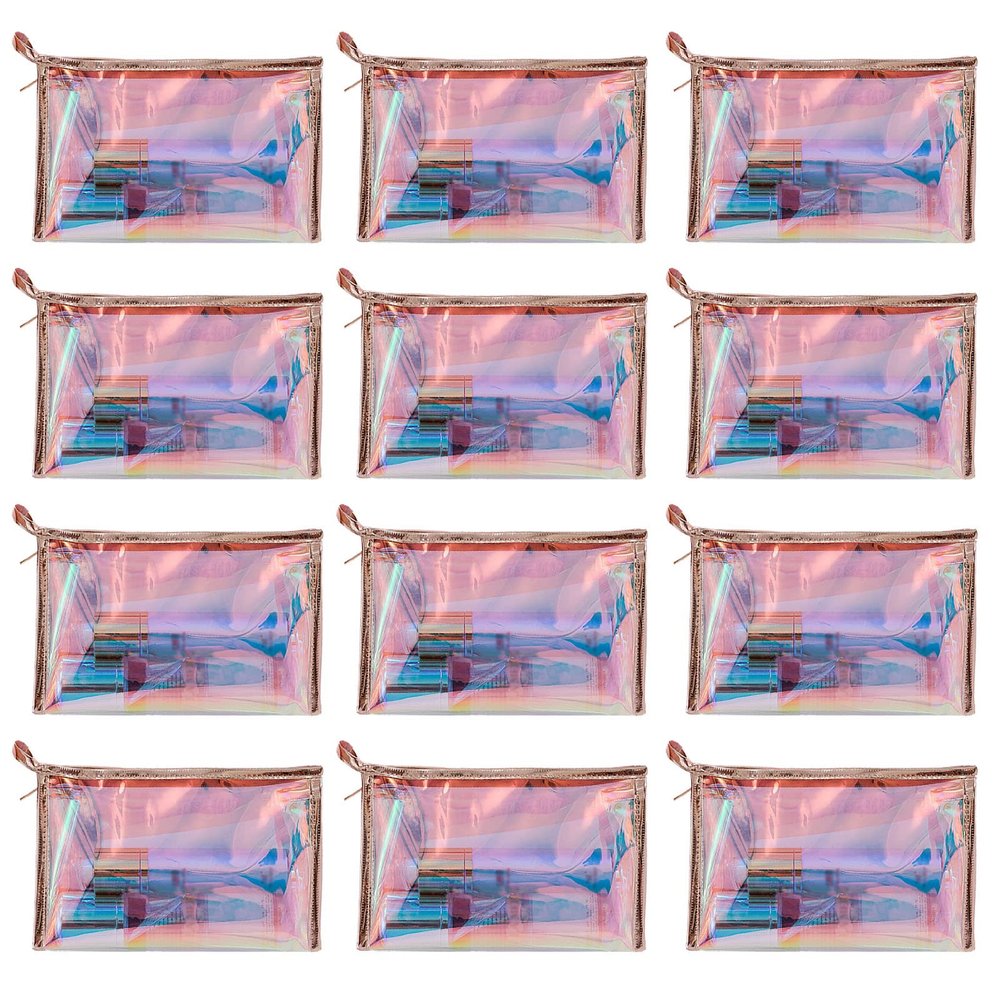 ANROLA 12 PCS Holographic Makeup Bags Clear PVC Makeup Bag Iridescent Cosmetic Pouch Portable Zippered Toiletry Bag Waterproof
