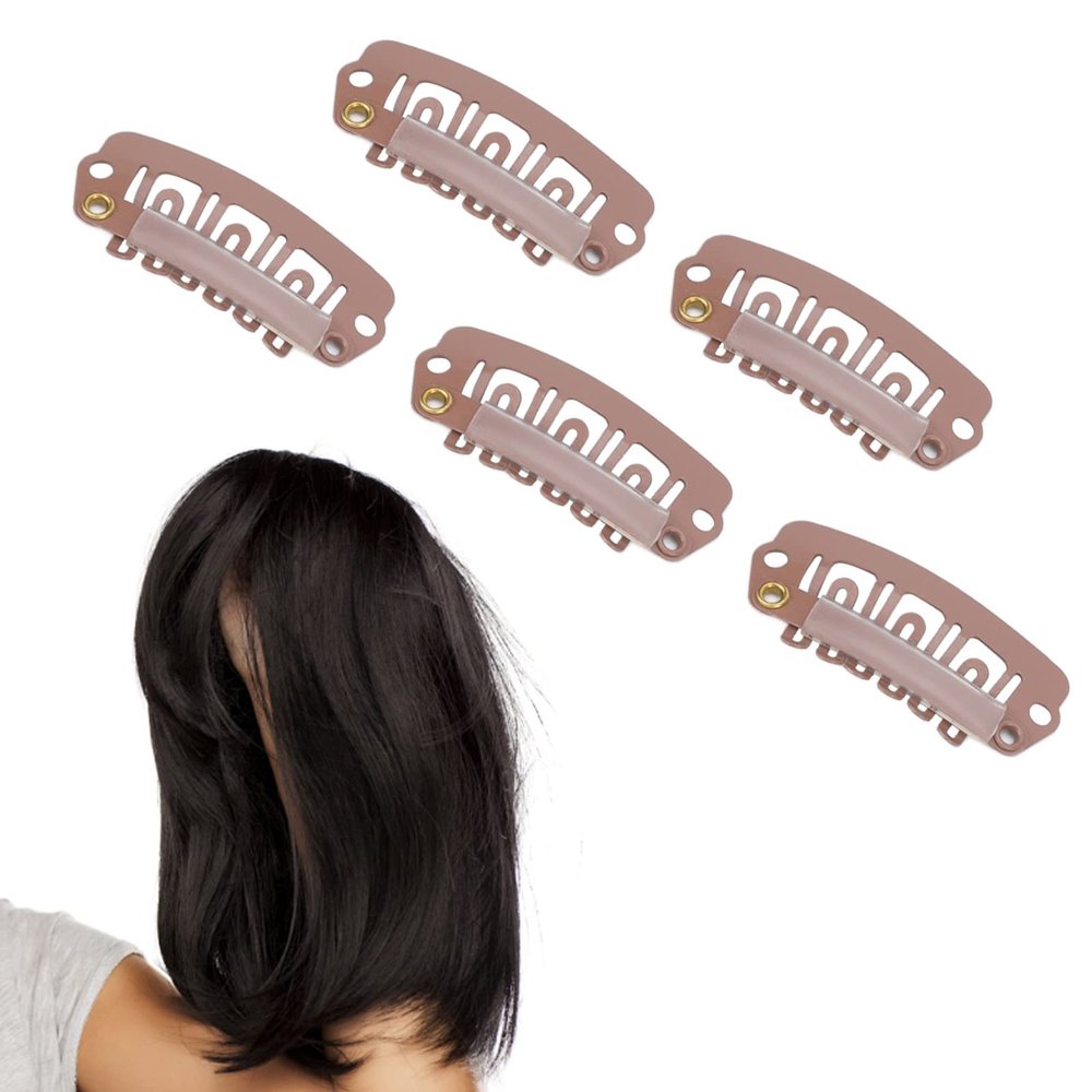 50pcs Snap Clips, Weft Clips Wig Clips, Wig Clips U Shape Metal Clips with Soft Rubber 6 Teeth Stainless Steel Material for Hair Extensions, Wig Hair Extensions(Light brown)
