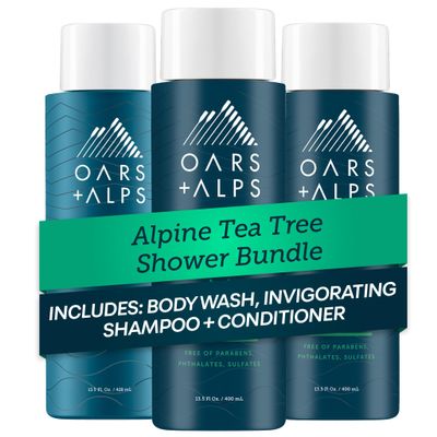 Oars + Alps Men's Sulfate Free Hair Shampoo, Conditioner, and Body Wash Kit, Moisturizing Skin Care Infused with Witch Hazel and Tea Tree Oil, Alpine Tea Tree Scent
