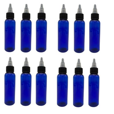 Natural Farms 2 oz Blue Cosmo Plastic Bottles -12 Pack Empty Bottle Refillable - BPA Free - Essential Oils - Aromatherapy | Black/Natural Twist Top Cap - Made in the USA