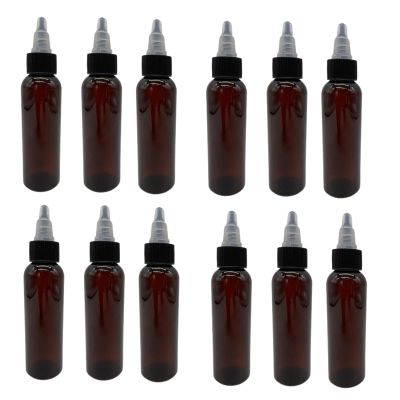 Natural Farms 2 oz Amber Cosmo Plastic Bottles -12 Pack Empty Bottle Refillable - BPA Free - Essential Oils - Aromatherapy | Black/Natural Twist Top Cap - Made in the USA
