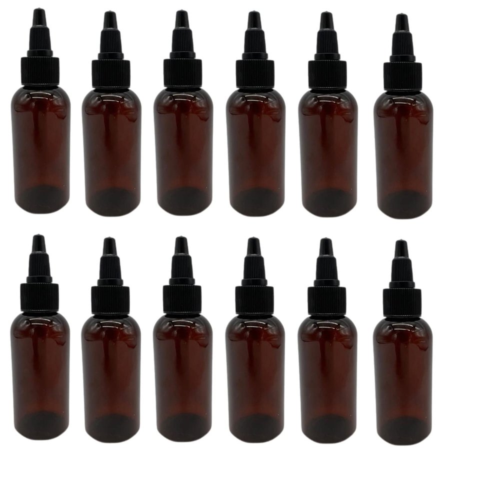 Natural Farms 2 oz Amber Boston Plastic Bottles -12 Pack Empty Bottle Refillable - BPA Free - Essential Oils - Aromatherapy | Black Twist Top Cap - Made in the USA