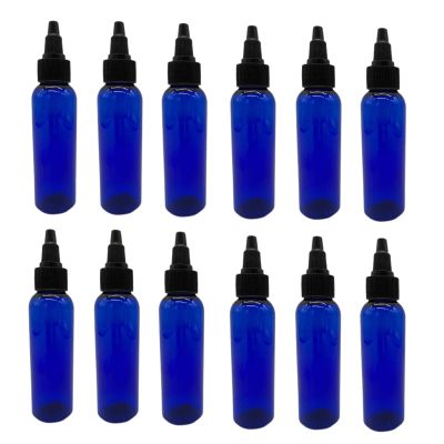 Natural Farms 2 oz Blue Cosmo Plastic Bottles -12 Pack Empty Bottle Refillable - BPA Free - Essential Oils - Aromatherapy | Black Twist Top Cap - Made in the USA