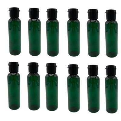 Natural Farms 2 oz Green Cosmo Plastic Bottles -12 Pack Empty Bottle Refillable - BPA Free - Essential Oils - Aromatherapy | Black Flip Top Snap Cap - Made in the USA