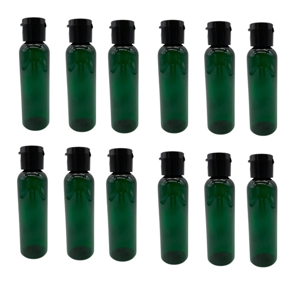 Natural Farms 2 oz Green Cosmo Plastic Bottles -12 Pack Empty Bottle Refillable - BPA Free - Essential Oils - Aromatherapy | Black Flip Top Snap Cap - Made in the USA