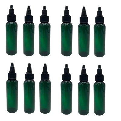 Natural Farms 2 oz Green Cosmo Plastic Bottles -12 Pack Empty Bottle Refillable - BPA Free - Essential Oils - Aromatherapy | Black Twist Top Cap - Made in the USA