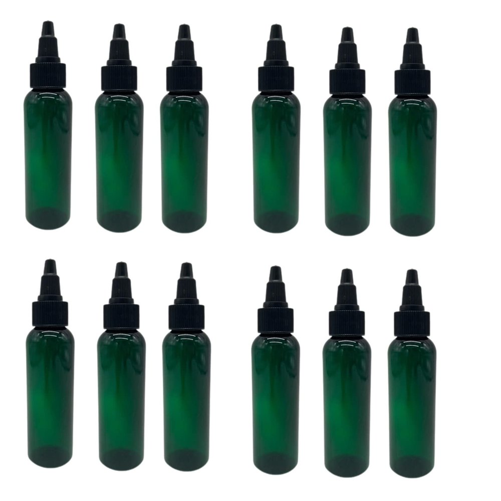 Natural Farms 2 oz Green Cosmo Plastic Bottles -12 Pack Empty Bottle Refillable - BPA Free - Essential Oils - Aromatherapy | Black Twist Top Cap - Made in the USA