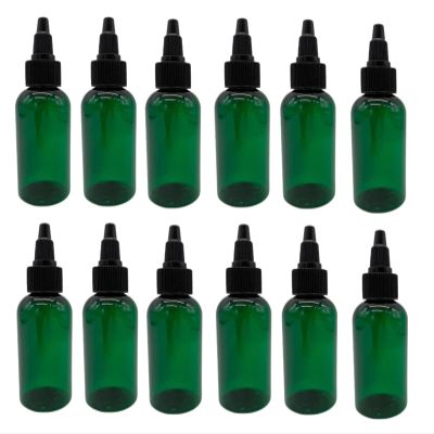 Natural Farms 2 oz Green Boston Plastic Bottles -12 Pack Empty Bottle Refillable - BPA Free - Essential Oils - Aromatherapy | Black Twist Top Cap - Made in the USA
