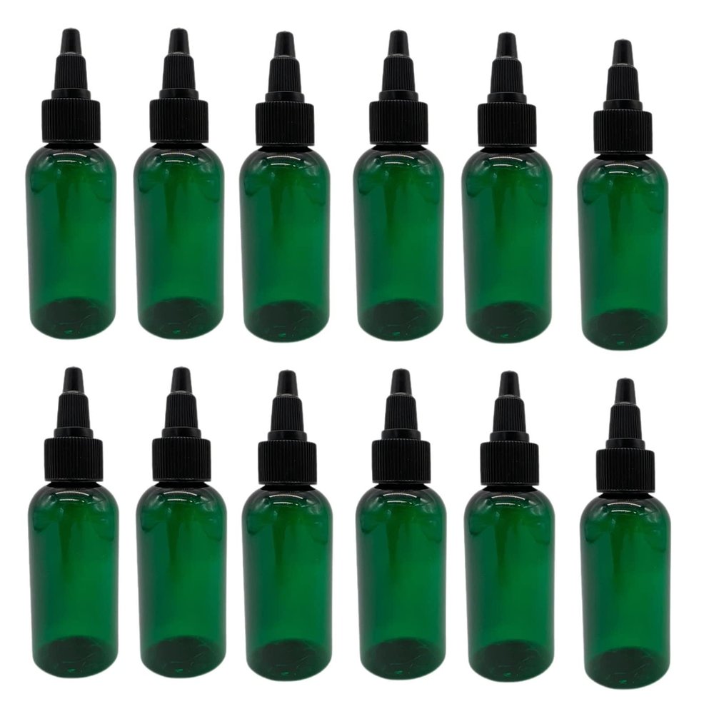 Natural Farms 2 oz Green Boston Plastic Bottles -12 Pack Empty Bottle Refillable - BPA Free - Essential Oils - Aromatherapy | Black Twist Top Cap - Made in the USA