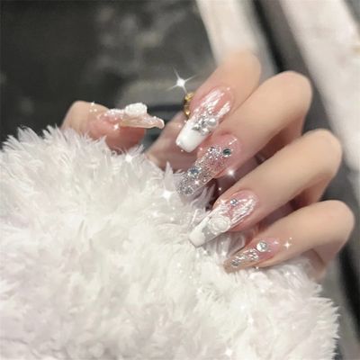 Bubblecase 10pcs Press On Nails - French Nude White Ballerina Flash Diamond Crystal Long Glossy Coffin Flash Fake Nails Press on Nail False Tips Manicure for Women and Girls (L)