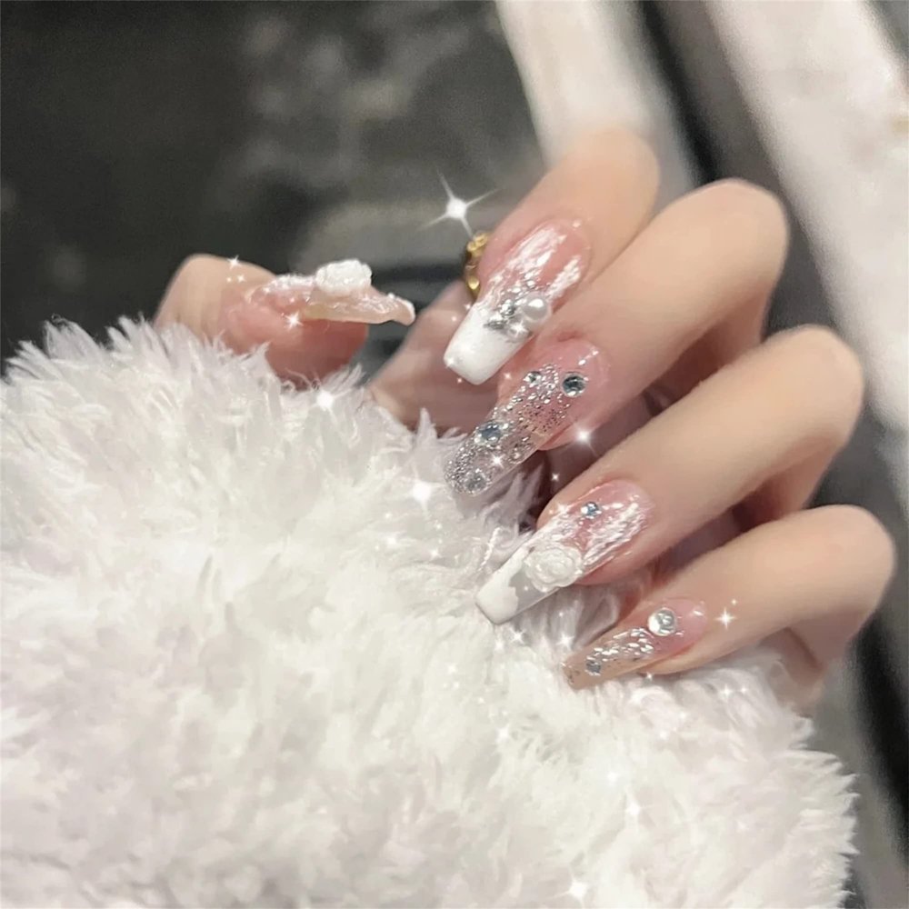 Bubblecase 10pcs Press On Nails - French Nude White Ballerina Flash Diamond Crystal Long Glossy Coffin Flash Fake Nails Press on Nail False Tips Manicure for Women and Girls (L)