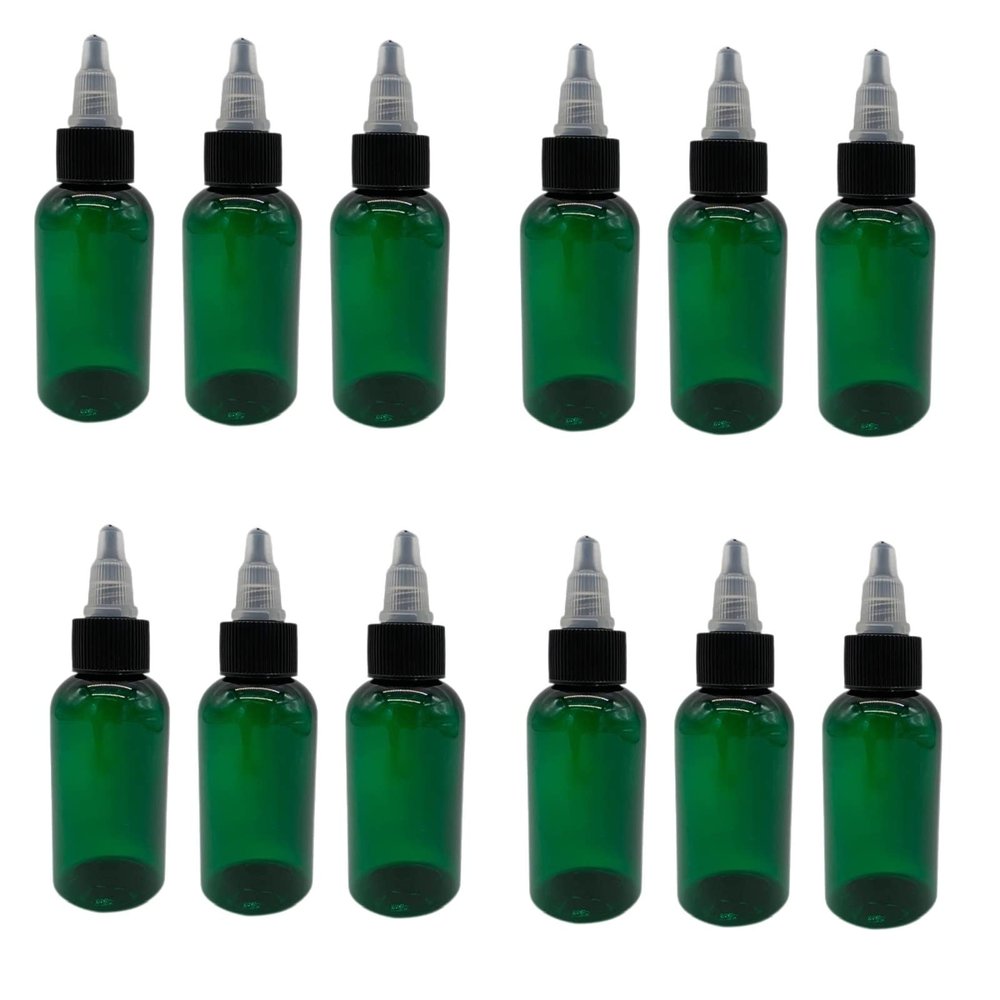 Natural Farms 2 oz Green Boston Plastic Bottles -12 Pack Empty Bottle Refillable - BPA Free - Essential Oils - Aromatherapy | Black/Natural Twist Top Cap - Made in the USA
