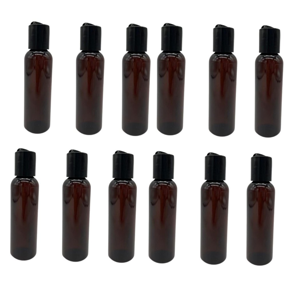 Natural Farms 2 oz Amber Cosmo Plastic Bottles -12 Pack Empty Bottle Refillable - BPA Free - Essential Oils - Aromatherapy | Black Press Down Disc Cap - Made in the USA