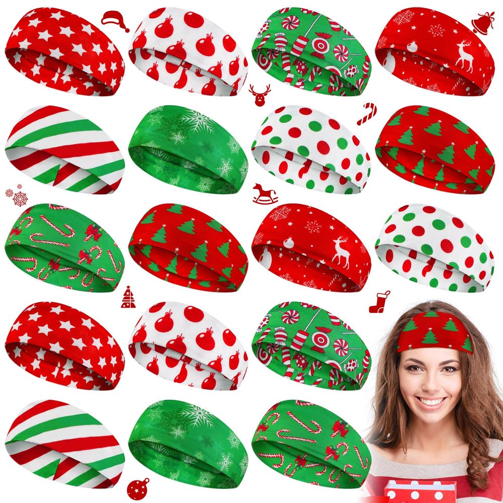 18 Pieces Christmas Headbands for Women Christmas Hair Accessories Christmas Candy Twisted Head Wrap Elastic Turban Headbands Sports Sweat Wicking Headband Wide Knot Hair Bands Gifts for Girls Kids