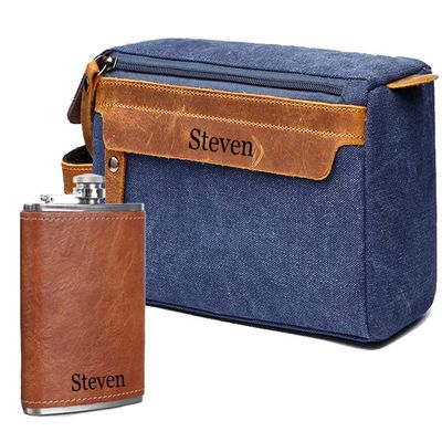 EURYNOME Men's Toiletry Bag and Flask/Leather and Canvas Travel Toiletry Bag Dopp Kit for Men, Groomsmen Gifts