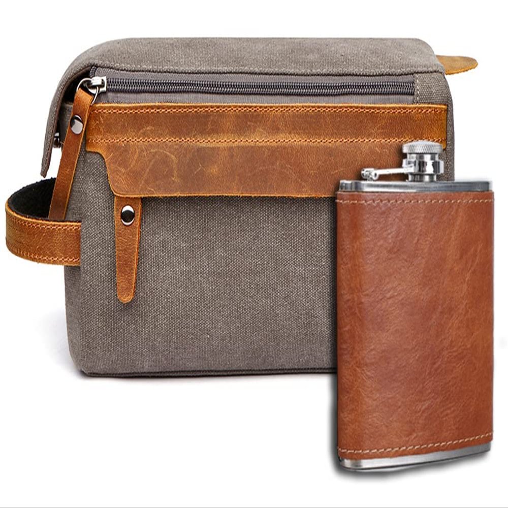 EURYNOME Men's Toiletry Bag and Flask/Leather and Canvas Travel Toiletry Bag Dopp Kit for Men, Groomsmen Gifts