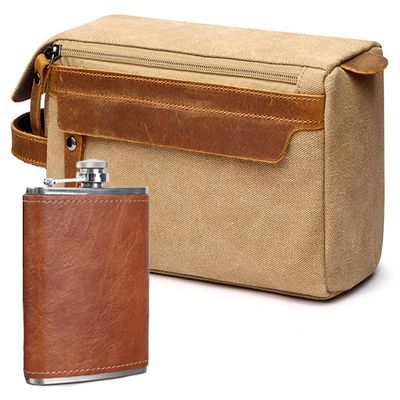 EURYNOME Men's Toiletry Bag and Flask/Leather and Canvas Travel Toiletry Bag Dopp Kit for Men, Groomsmen Gifts