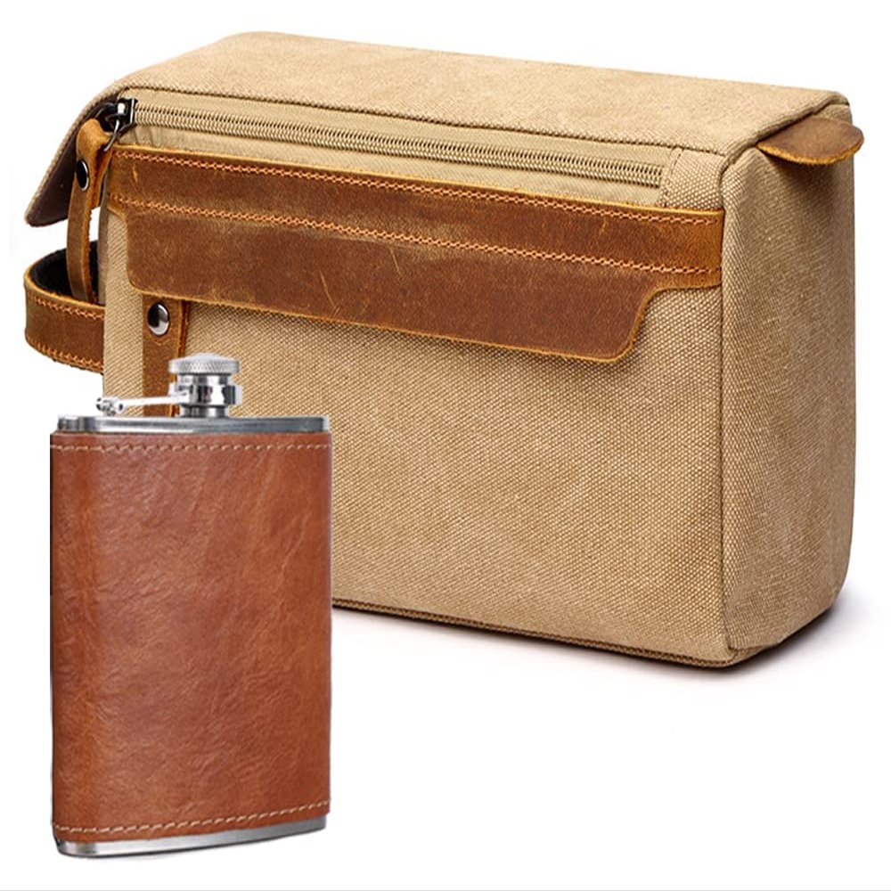 EURYNOME Men's Toiletry Bag and Flask/Leather and Canvas Travel Toiletry Bag Dopp Kit for Men, Groomsmen Gifts