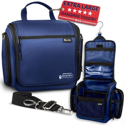 Extra Large (11.8x11.8x4) Hanging Travel Toiletry Bag for Men and Women - Cosmetic Travel Bag With Shoulder Strap - Waterproof Hygiene Bag with Metal Swivel Hook and 19 Compartments for Toiletries