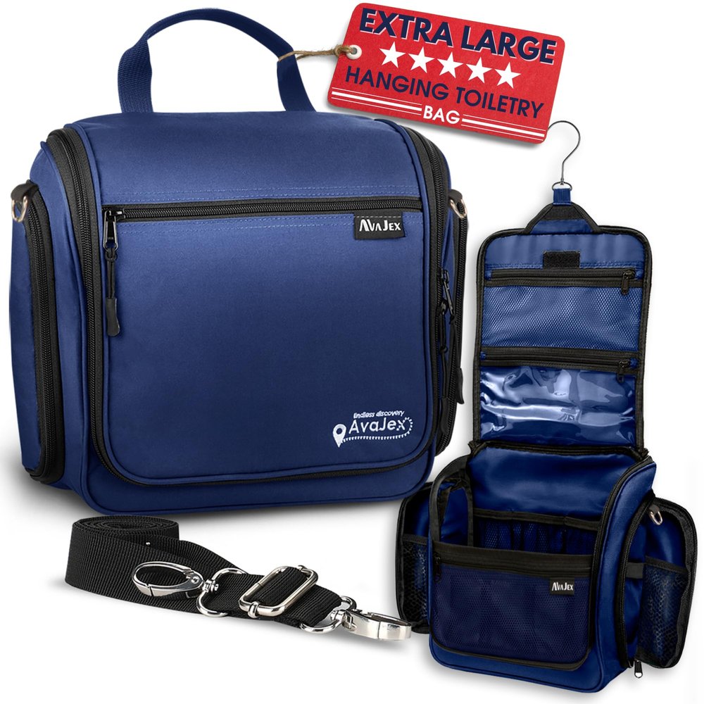 Extra Large (11.8x11.8x4) Hanging Travel Toiletry Bag for Men and Women - Cosmetic Travel Bag With Shoulder Strap - Waterproof Hygiene Bag with Metal Swivel Hook and 19 Compartments for Toiletries