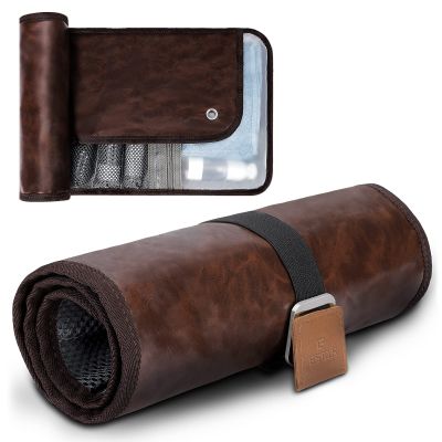 Estour Toiletry Bag for Men, Travel Essentials Travel Toiletry Bag, Water-Resistant Compact Bathroom Roll Organizer for Hygiene, Shaving kit, Gifts for men (1.Chic Brown(PU Leather))