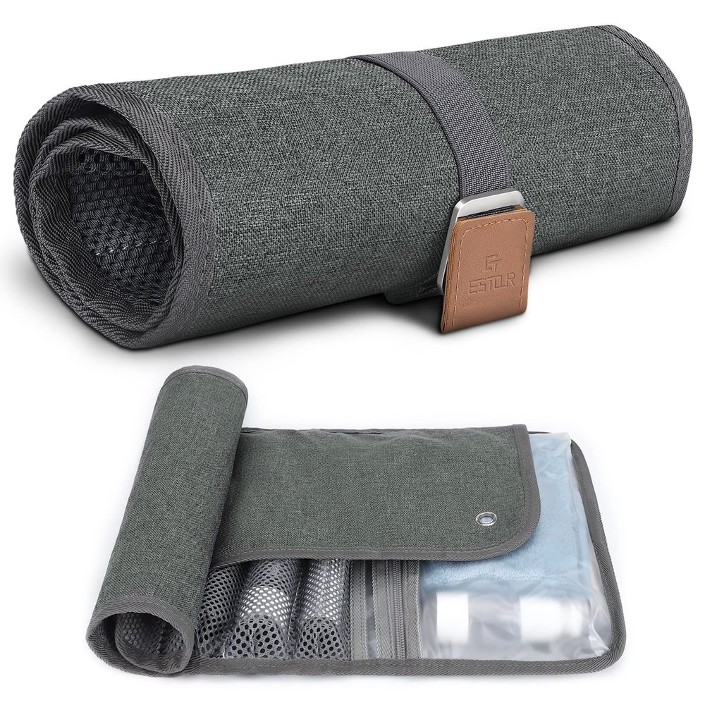 Estour Toiletry Bag for Men, Travel Essentials Travel Toiletry Bag, Water-Resistant Compact Bathroom Roll Organizer for Hygiene, Shaving kit, Gifts for men (5.Mystery Gray(Polyster))