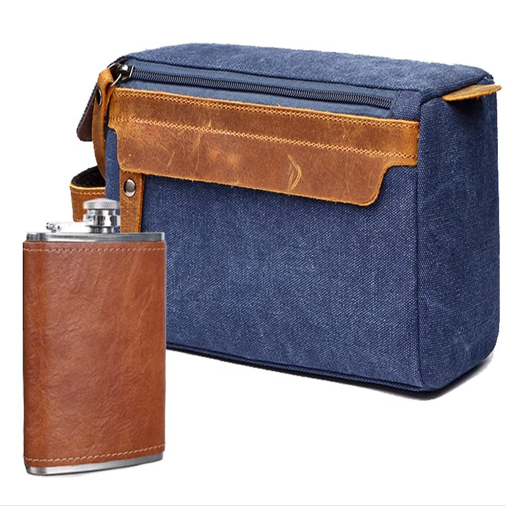 EURYNOME Men's Toiletry Bag and Flask/Leather and Canvas Travel Toiletry Bag Dopp Kit for Men, Groomsmen Gifts