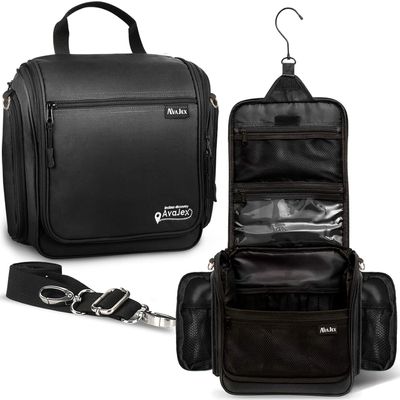 Extra Large (11.8x11.8x4) Hanging Travel Toiletry Bag for Men and Women - Cosmetic Travel Bag With Shoulder Strap - Waterproof Hygiene Bag with Metal Swivel Hook and 19 Compartments for Toiletries