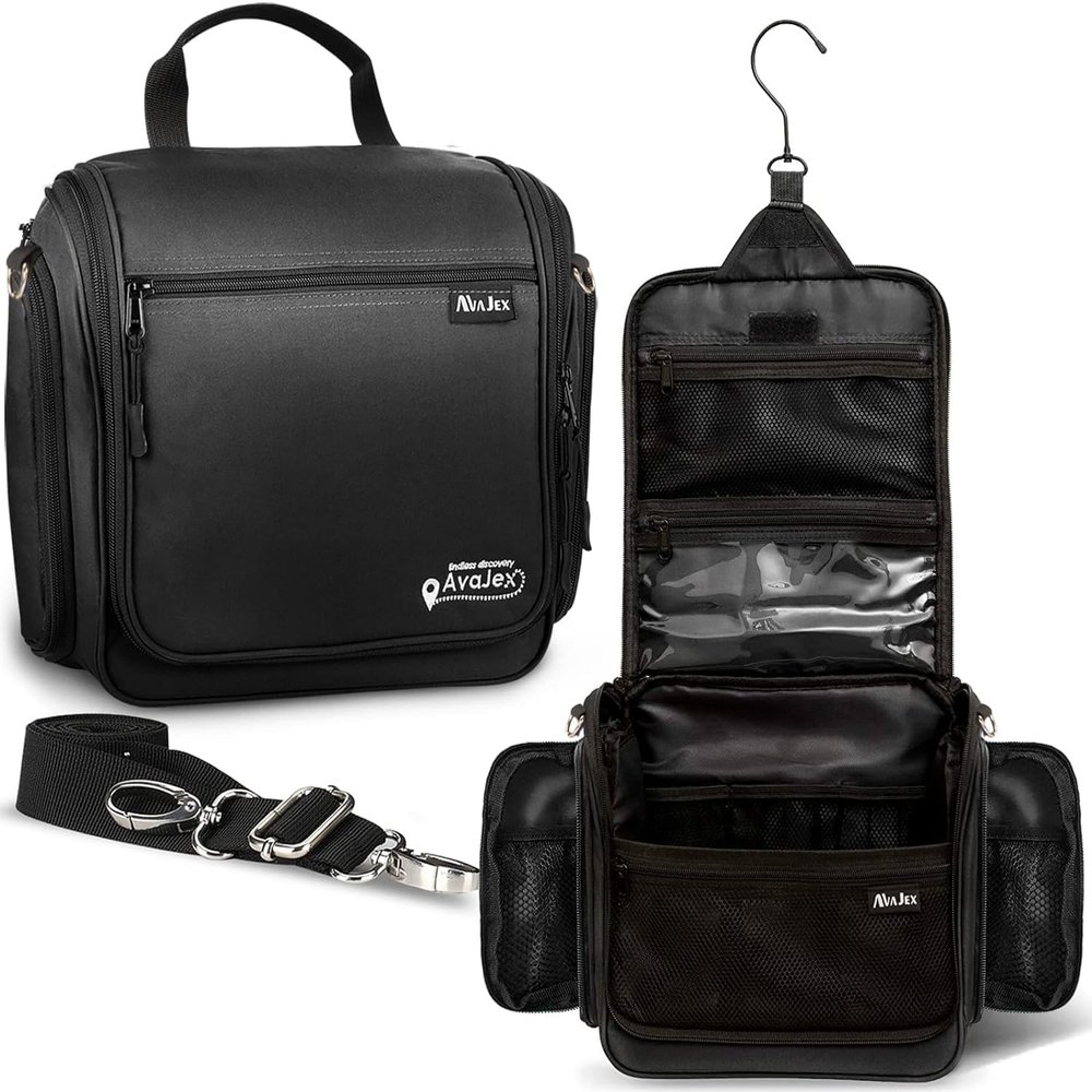 Extra Large (11.8x11.8x4) Hanging Travel Toiletry Bag for Men and Women - Cosmetic Travel Bag With Shoulder Strap - Waterproof Hygiene Bag with Metal Swivel Hook and 19 Compartments for Toiletries
