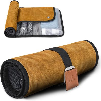Estour Toiletry Bag for Men, Travel Essentials Travel Toiletry Bag, Water-Resistant Compact Bathroom Roll Organizer for Hygiene, Shaving kit, Gifts for men (2.Khaki Yellow (Waxed Canvas))