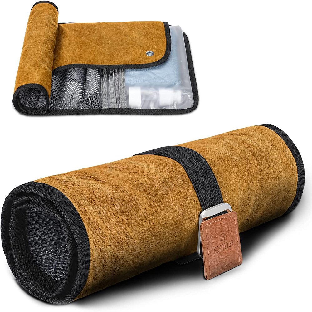 Estour Toiletry Bag for Men, Travel Essentials Travel Toiletry Bag, Water-Resistant Compact Bathroom Roll Organizer for Hygiene, Shaving kit, Gifts for men (2.Khaki Yellow (Waxed Canvas))