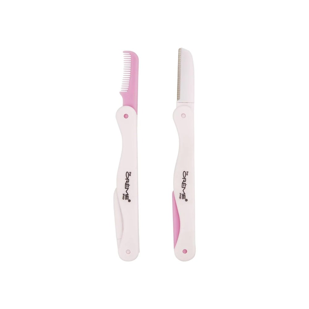 The Crme Shop Comb & Shape Grooming Folding Razor Duo - One Blade for Gentle Exfoliation, Dermaplaning, Facial Hair Removal and Eyebrow Shaping (Pack of 2)