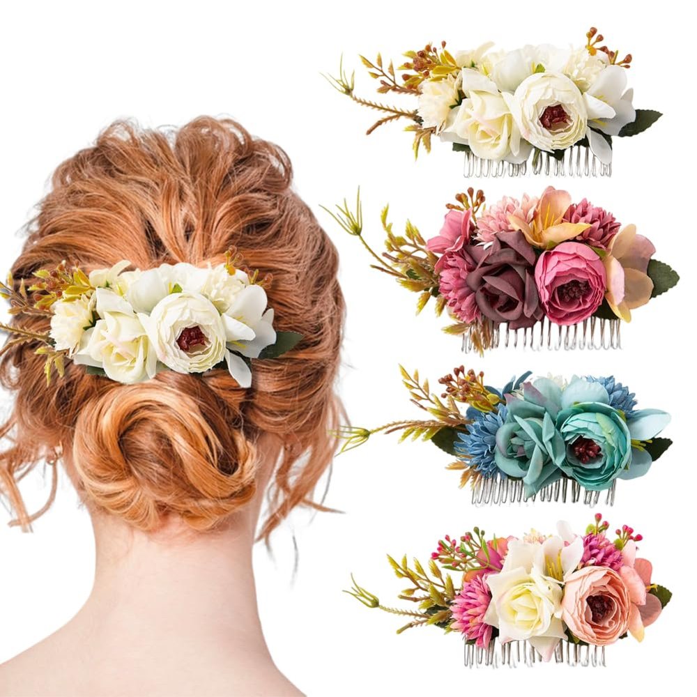4 Pack Artificial Flower Metal Hair Side Combs With Teeth Rose Flower Hair Combs Side-Slide Hair Clips Pins Inserts Headwear for Women Floral Hairpins Bride Bridesmaid Barrettes