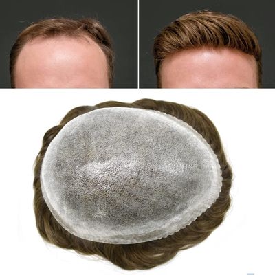 Healthlif Toupee For Men Real Human Hair Replacement System For Men Full PU Mens Hairpiece Natural Looking Mens Hair Pieces For Hair Loss Toupee 8x10#7 Very Light Brown