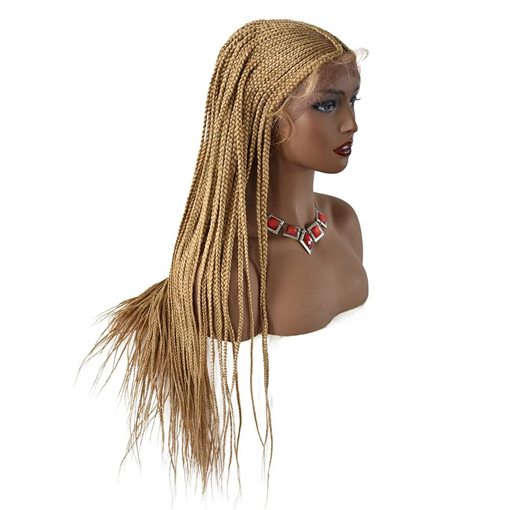30 Inches Full Cap Box Braided Wigs for Black Women Micro Cornrow Lace Front Hand Braided Wigs with Baby Hair Lightweight Heat Friendly Synthetic Braids Tribal Braids Wigs for African American Woman #27/613M Blonde