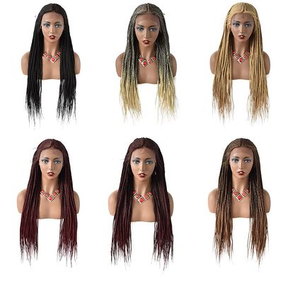 30 Inches Full Cap Box Braided Wigs for Black Women Micro Cornrow Lace Front Hand Braided Wigs with Baby Hair Lightweight Heat Friendly Synthetic Braids Tribal Braids Wigs for African American Woman #1B Black