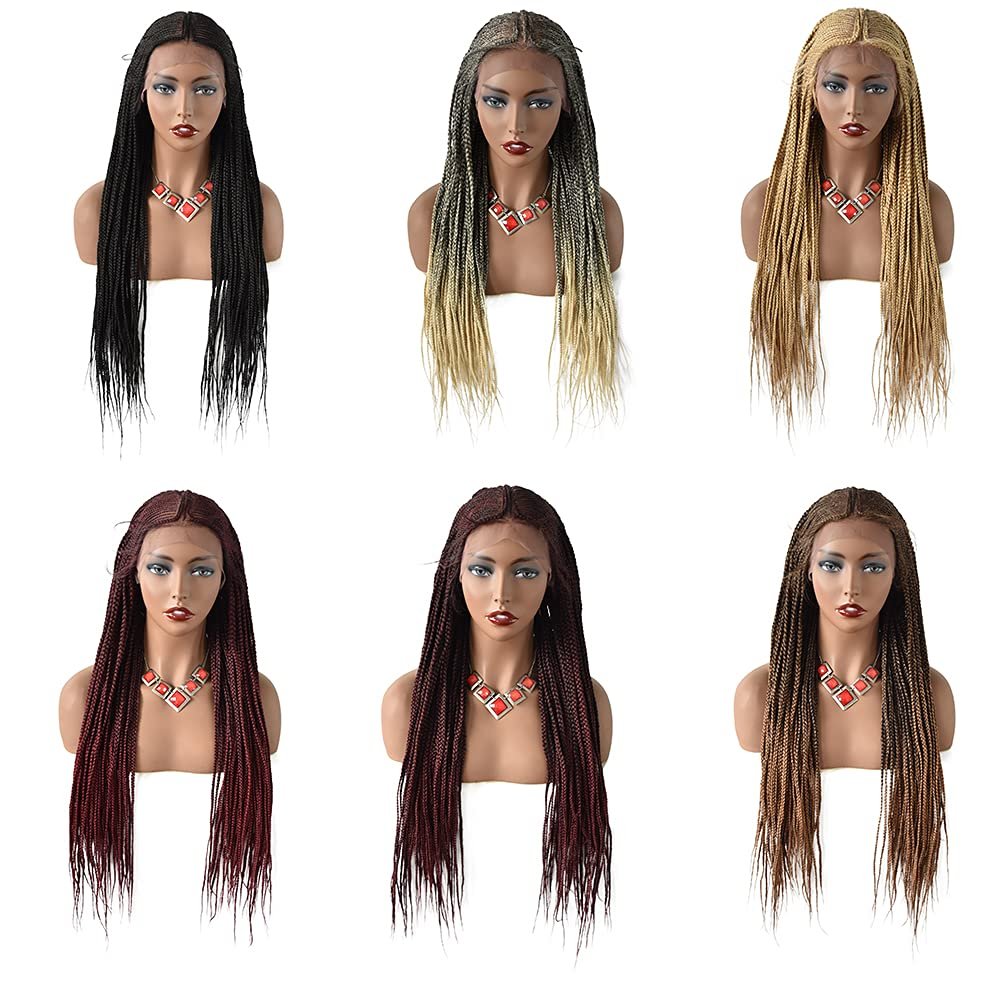30 Inches Full Cap Box Braided Wigs for Black Women Micro Cornrow Lace Front Hand Braided Wigs with Baby Hair Lightweight Heat Friendly Synthetic Braids Tribal Braids Wigs for African American Woman #1B/99JT Black Mix Wine Red)