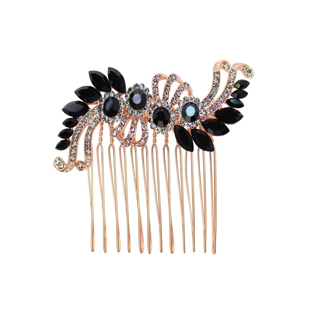 Faship Black Rhinestone Crystal Rose Gold Plated Floral Hair Comb