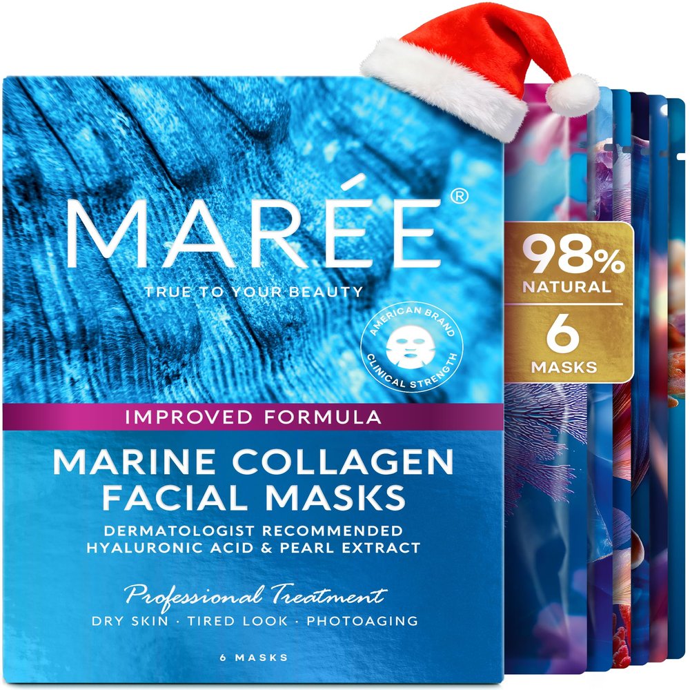 MAREE Collagen Facial Mask with Hyaluronic Acid  Sheet Face Mask Skincare  Centella Asiatica, Green & Red Algae Extract  Hydrating Facemask For Women Skin Care  Mascarillas Para La Cara  6 Count
