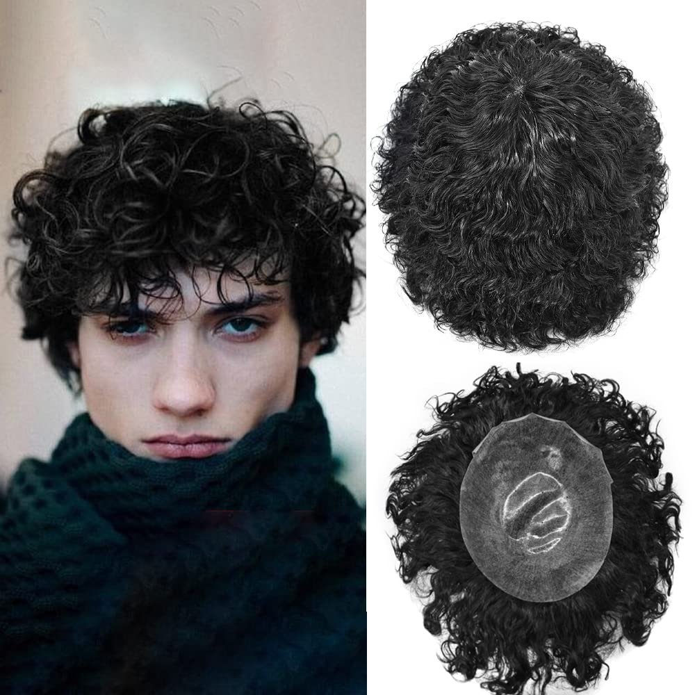 20mm Curly Hair Toupee For Men Full PU Men Toupee Human Hair With Holes Curly Hair Poly Skin Hair System Wavy Hair Toupee Men Hairpiece 8x10 20MM Wave #1 Jet Black