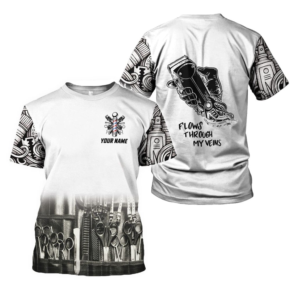 Personalized Barber Shop Shirt 3D Barber Shirts Hairdresser Haircutting Hairstylist Custom Name Salon Barber Tshirt Pole Scissors Hair Stylist T Shirt All Over Printed S-5XL, Cosmetology Gift Barbero