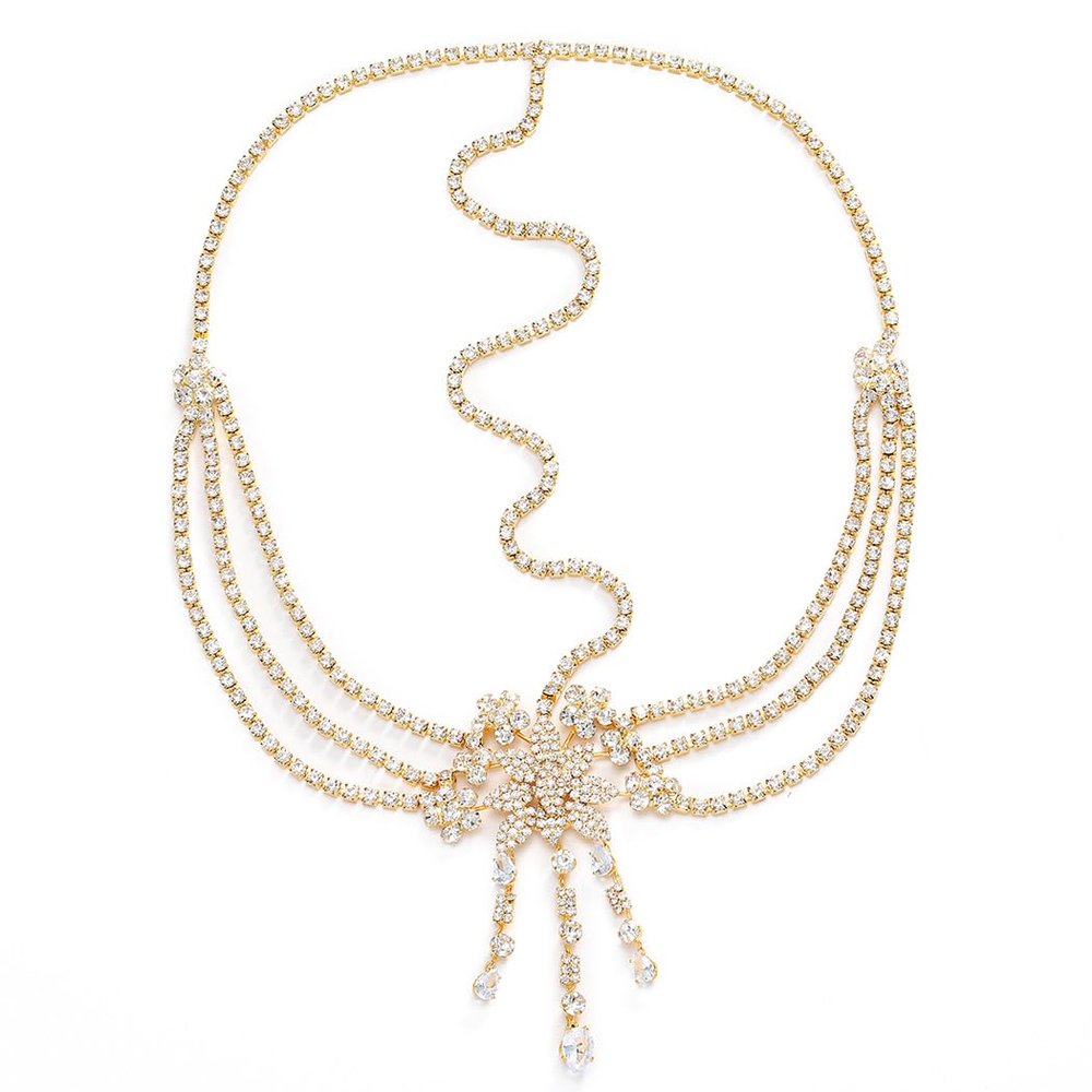 Aceorna Bridal Head Chain Rhinestone Forehead Headband Boho Crystal Hair Chain Bride Wedding Headpiece Festival Costume Hair Piece Flower Tassel Head Jewelry Gold Hair Accessories for Women