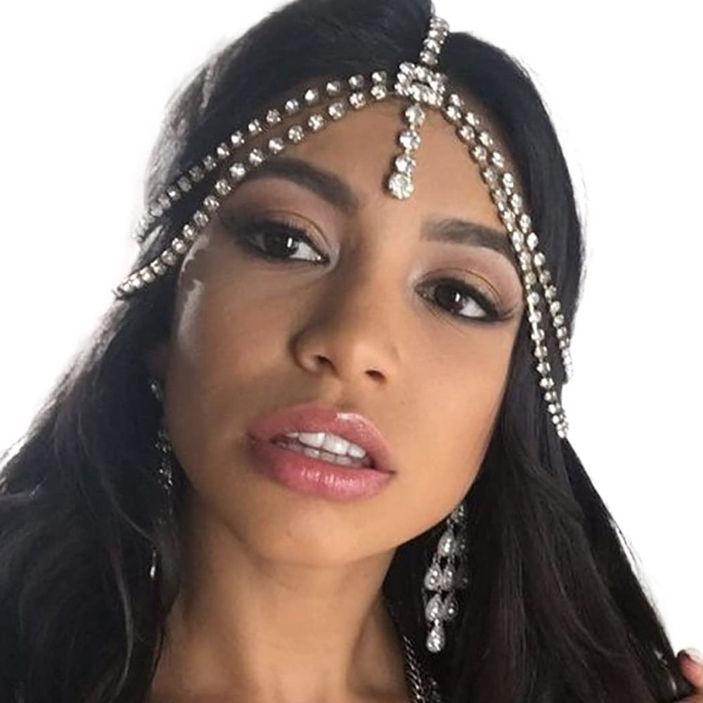 Aceorna Layered Head Chain Bridal Forehead Headband Boho Rhinestones Hair Chain Crystal Silver Headpiece Festival Costume Hair Piece Wedding Head Jewelry for Women and Girls