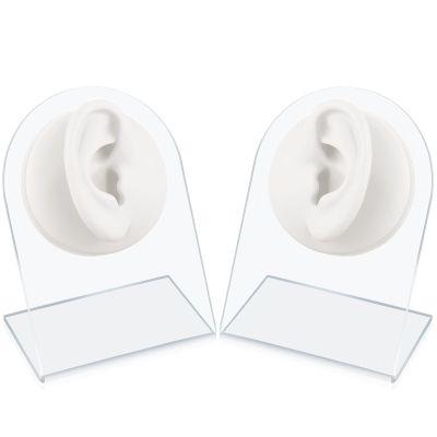 Cindeer 2 Pcs Flexible Silicone Ear Model Reused Soft Mold Fake Ear for Earrings Jewelry Display for Piercing Practice with Acrylic Stand(White)