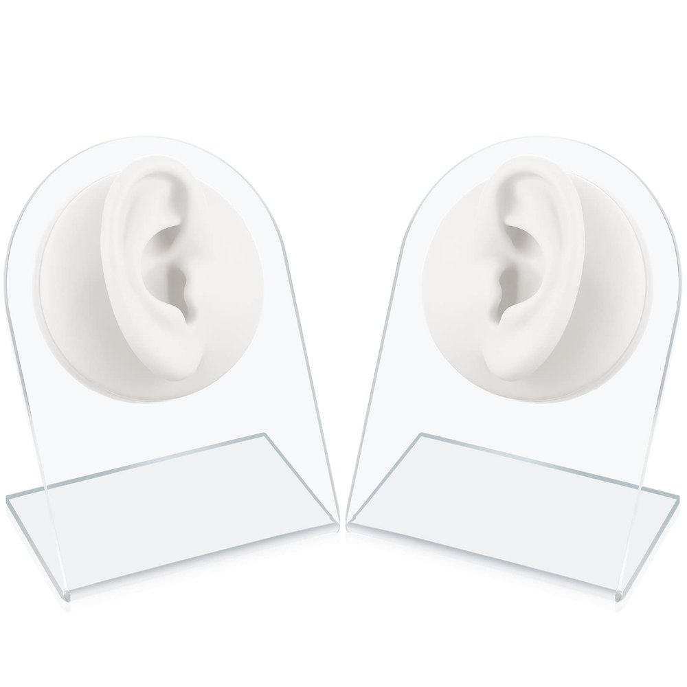 Cindeer 2 Pcs Flexible Silicone Ear Model Reused Soft Mold Fake Ear for Earrings Jewelry Display for Piercing Practice with Acrylic Stand(White)